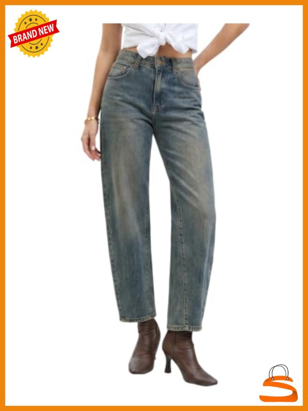 Mid High Waisted Baggy Stretch Barrel Jeans Wide Leg Denim